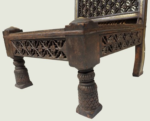 Vintage Indian Traditional Rajistan Tribal Hand-Carved Teak Pida Low Chair, 1920s-UZN-1395181