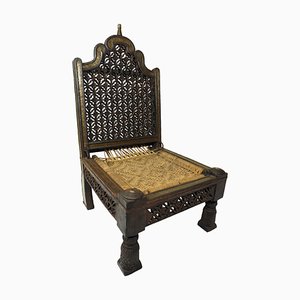 Vintage Indian Traditional Rajistan Tribal Hand-Carved Teak Pida Low Chair, 1920s-UZN-1395181