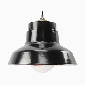 Vintage Industrial Bakelite, Black Enamel & Brass Pendant Light-BLS-1798322