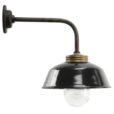 Vintage Industrial Black Enamel, Brass and Clear Striped Glass Wall Light-BLS-1744405