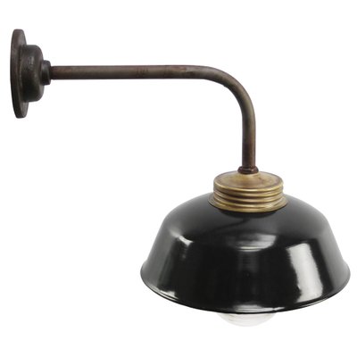 Vintage Industrial Black Enamel, Brass and Clear Striped Glass Wall Light-BLS-1744405