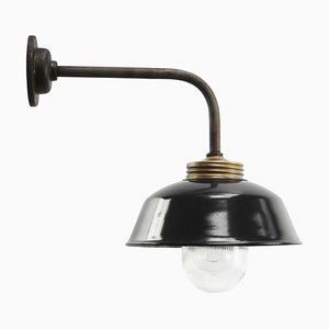 Vintage Industrial Black Enamel, Brass and Clear Striped Glass Wall Light-BLS-1744405