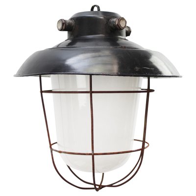 Vintage Industrial Black Enamel & Frosted Glass Pendant Light-BLS-1699808