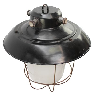 Vintage Industrial Black Enamel & Frosted Glass Pendant Light-BLS-1699808