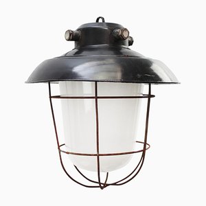 Vintage Industrial Black Enamel & Frosted Glass Pendant Light-BLS-1699808