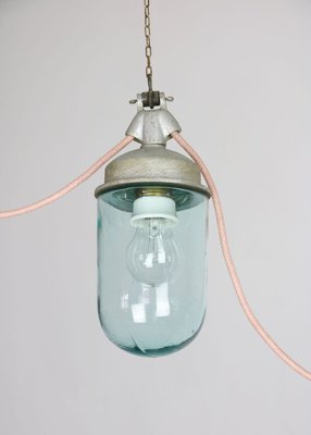 Vintage Industrial Blue Glass and Grey Metal Pendant Lamps, 1950s, Set of 2-HGJ-728084