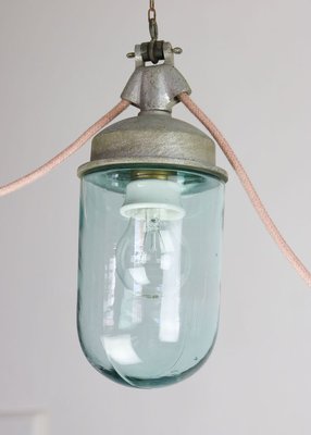 Vintage Industrial Blue Glass and Grey Metal Pendant Lamps, 1950s, Set of 2-HGJ-728084