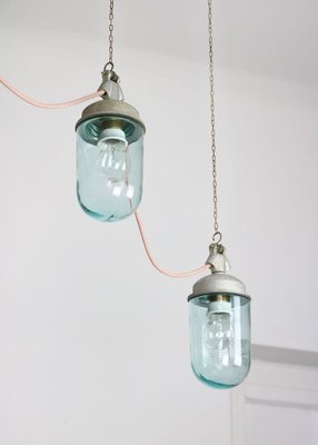 Vintage Industrial Blue Glass and Grey Metal Pendant Lamps, 1950s, Set of 2-HGJ-728084