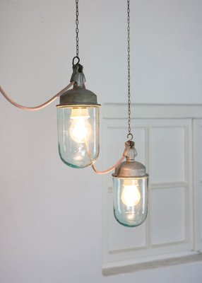 Vintage Industrial Blue Glass and Grey Metal Pendant Lamps, 1950s, Set of 2-HGJ-728084