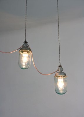 Vintage Industrial Blue Glass and Grey Metal Pendant Lamps, 1950s, Set of 2-HGJ-728084