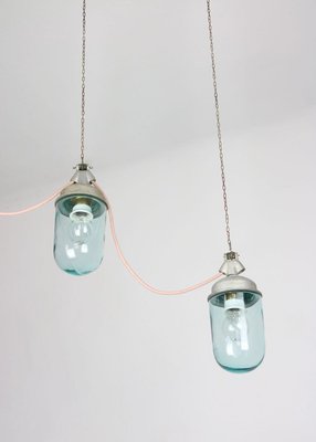 Vintage Industrial Blue Glass and Grey Metal Pendant Lamps, 1950s, Set of 2-HGJ-728084