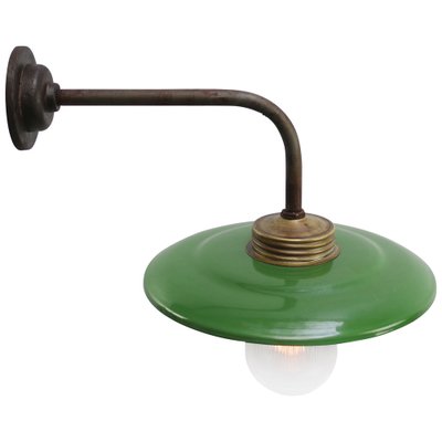 Vintage Industrial Brass and Glass Wall Light in Green Enamel-BLS-1767930