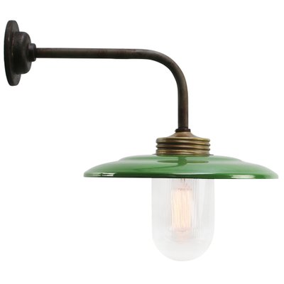 Vintage Industrial Brass and Glass Wall Light in Green Enamel-BLS-1767930