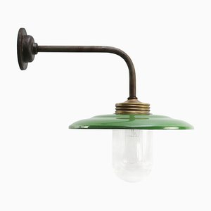 Vintage Industrial Brass and Glass Wall Light in Green Enamel-BLS-1767930