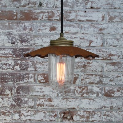 Vintage Industrial Brass, Rust Metal and Clear Glass Pendant Light-BLS-1098476