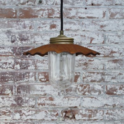 Vintage Industrial Brass, Rust Metal and Clear Glass Pendant Light-BLS-1098476