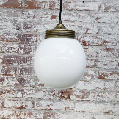 Vintage Industrial Brass & White Opaline Milk Glass Pendant Lamp-BLS-934738