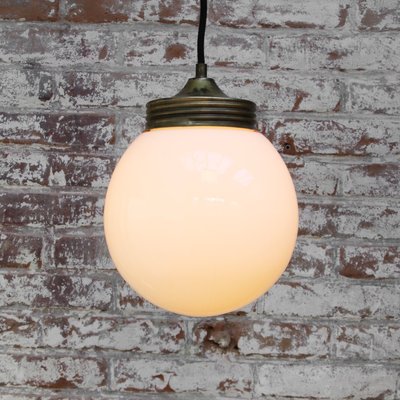 Vintage Industrial Brass & White Opaline Milk Glass Pendant Lamp-BLS-934738