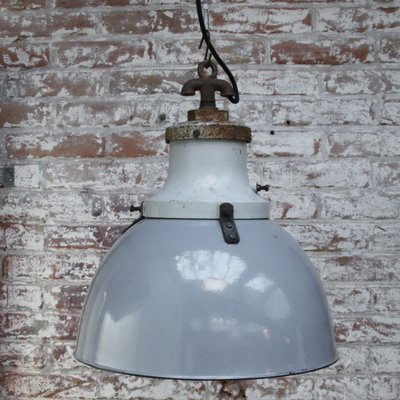 Vintage Industrial Cast Iron and Gray Enamel Pendant Light from Industria Rotterdam-BLS-1419548