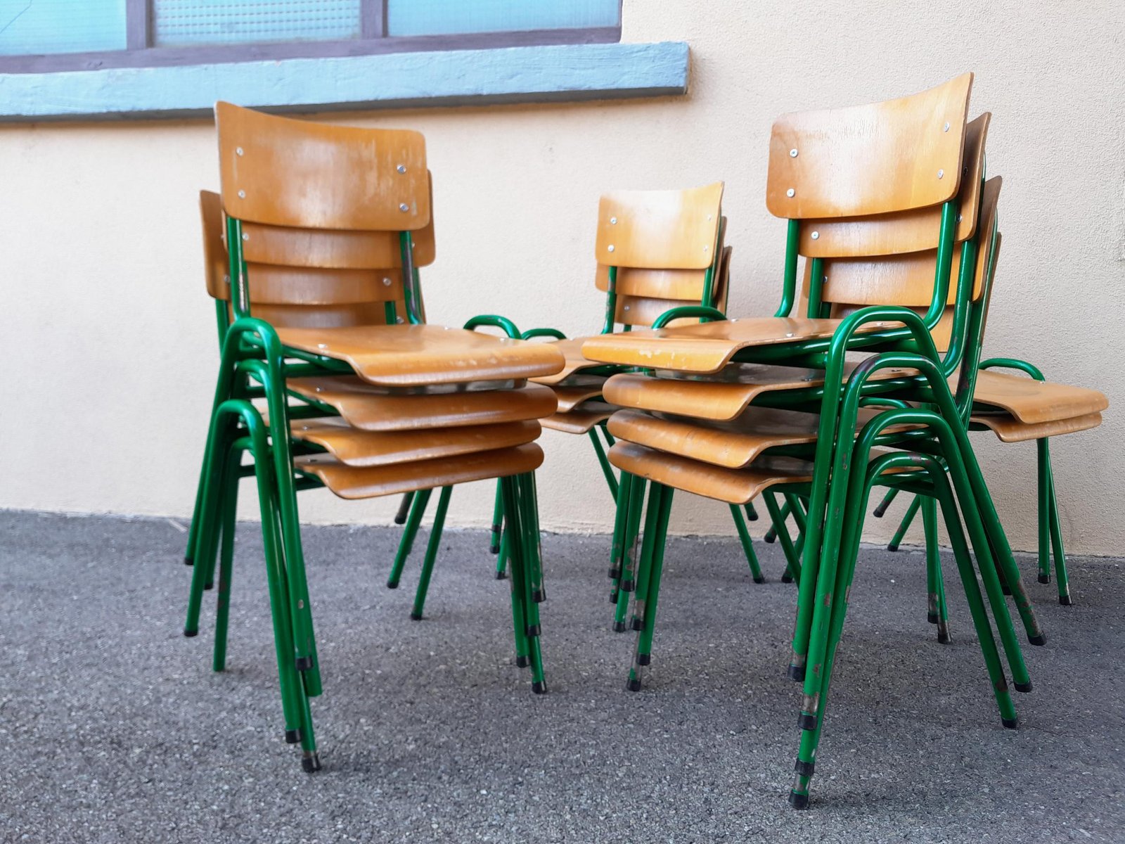 Vintage Industrial Chairs with Metal Compass Legs, 1950s, Set of 12