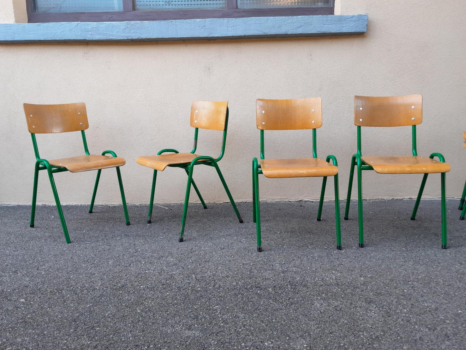 Vintage Industrial Chairs with Metal Compass Legs, 1950s, Set of 12