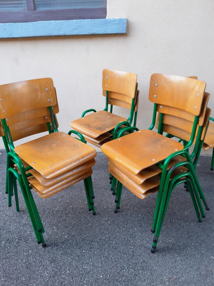 Vintage Industrial Chairs with Metal Compass Legs, 1950s, Set of 12