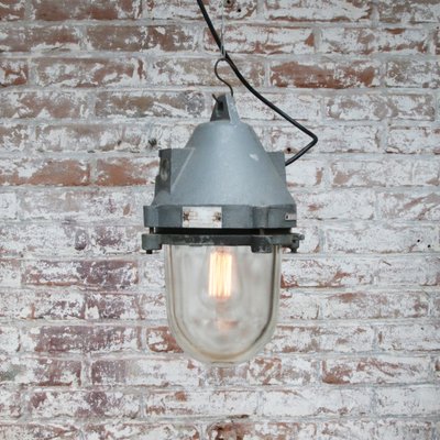 Vintage Industrial Clear Glass & Grey Pendant Light-BLS-1297558