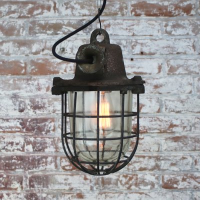 Vintage Industrial Clear Glass & Iron Pendant Lamp-BLS-1750485