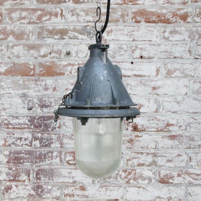 Vintage Industrial Clear Striped Glass & Gray Pendant Light-BLS-1251482