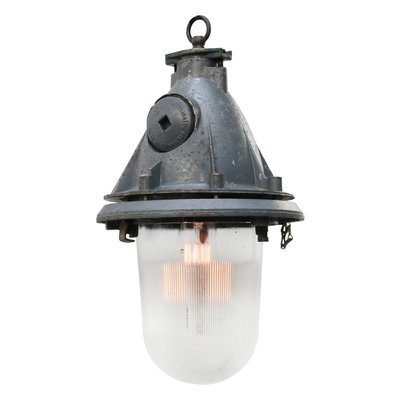 Vintage Industrial Clear Striped Glass & Gray Pendant Light-BLS-1251482