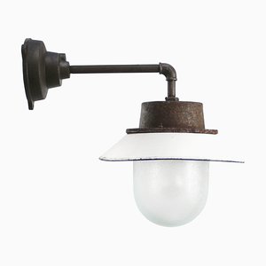 Vintage Industrial Frosted Glass and White Enamel Wall Light-BLS-1791847