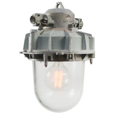 Vintage Industrial Gray Cast Aluminium and Clear Glass Pendant Light-BLS-1805419