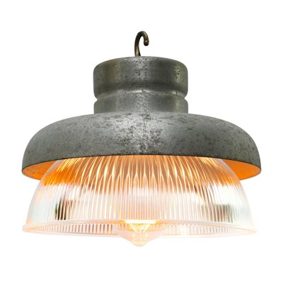 Vintage Industrial Gray Metal and Clear Striped Glass Pendant Lamp from Holophane-BLS-714592