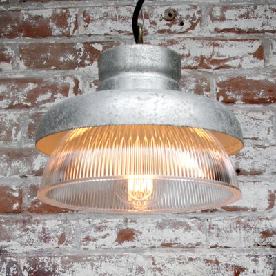 Vintage Industrial Gray Metal and Clear Striped Glass Pendant Lamp from Holophane-BLS-714592