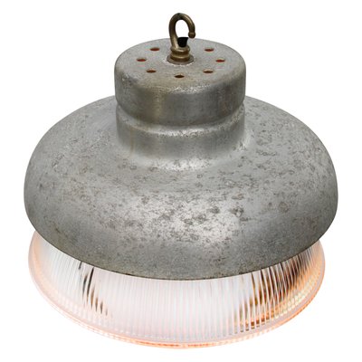 Vintage Industrial Gray Metal and Clear Striped Glass Pendant Lamp from Holophane-BLS-714592