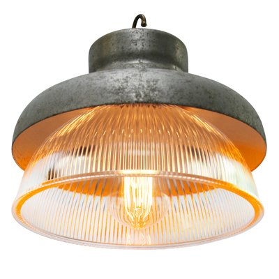 Vintage Industrial Gray Metal and Clear Striped Glass Pendant Lamp from Holophane-BLS-714592