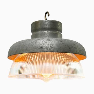 Vintage Industrial Gray Metal and Clear Striped Glass Pendant Lamp from Holophane-BLS-714592