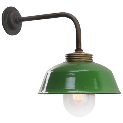 Vintage Industrial Green Enamel, Brass and Clear Striped Glass Wall Light-BLS-1759586