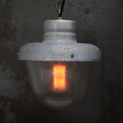 Vintage Industrial Grey Metal & Frosted Glass Pendant Lamp-BLS-2020712