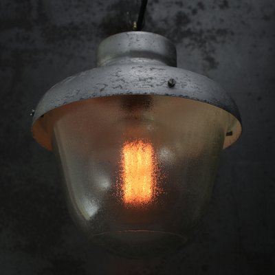 Vintage Industrial Grey Metal & Frosted Glass Pendant Lamp-BLS-2020712