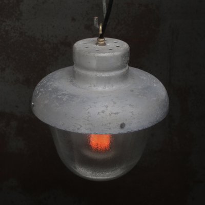 Vintage Industrial Grey Metal & Frosted Glass Pendant Lamp-BLS-2020712