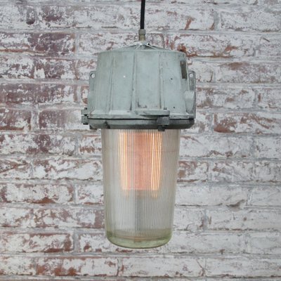 Vintage Industrial Grey Metal & Striped Glass Pendant Lights-BLS-1093339