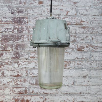 Vintage Industrial Grey Metal & Striped Glass Pendant Lights-BLS-1093339