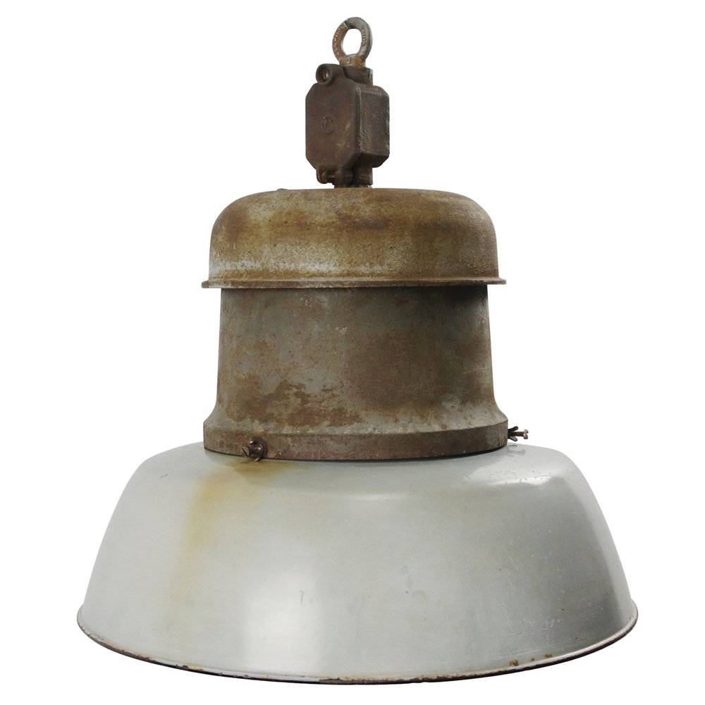 Vintage Industrial Light Gray Enamel Cast Iron Train Station Pendant Light by Pötter & Schütze GMBH