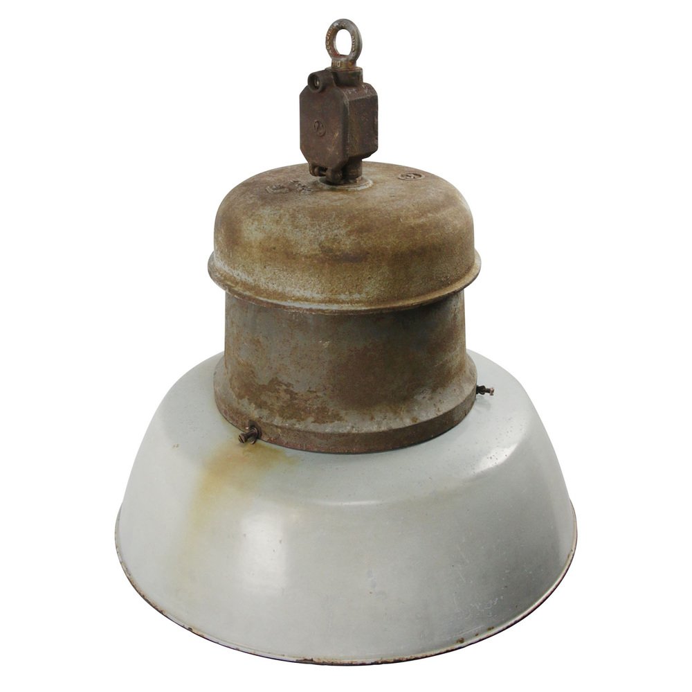 Vintage Industrial Light Gray Enamel Cast Iron Train Station Pendant Light by Pötter & Schütze GMBH