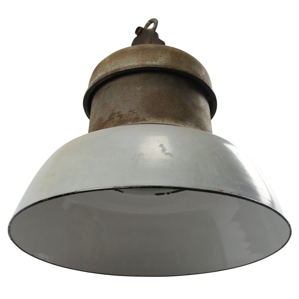 Vintage Industrial Light Gray Enamel Cast Iron Train Station Pendant Light by Pötter & Schütze GMBH