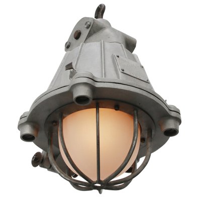 Vintage Industrial Pendant Lamp in Gray Metal and Frosted Glass from GAL, France-BLS-1745944