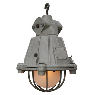 Vintage Industrial Pendant Lamp in Gray Metal and Frosted Glass from GAL, France-BLS-1745944