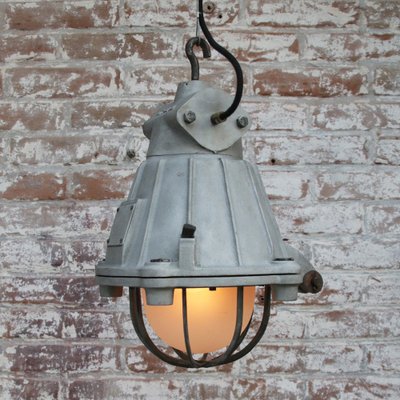 Vintage Industrial Pendant Lamp in Gray Metal and Frosted Glass from GAL, France-BLS-1745944