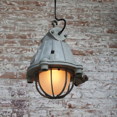 Vintage Industrial Pendant Lamp in Gray Metal and Frosted Glass from GAL, France-BLS-1745944